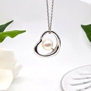 Sterling Silver 925 Heart Genuine Pearl on Delicate 925 16" Cable Chain Necklace